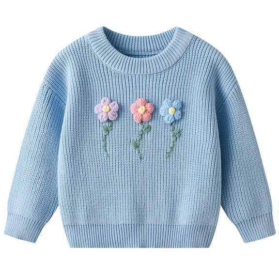 ZHOGXU Big Girls Sweater Long Sleeve Round Neck Embroidered Floral Knit Soft Comfortable Top For Casual Daily Wear Blue 3-4 Years