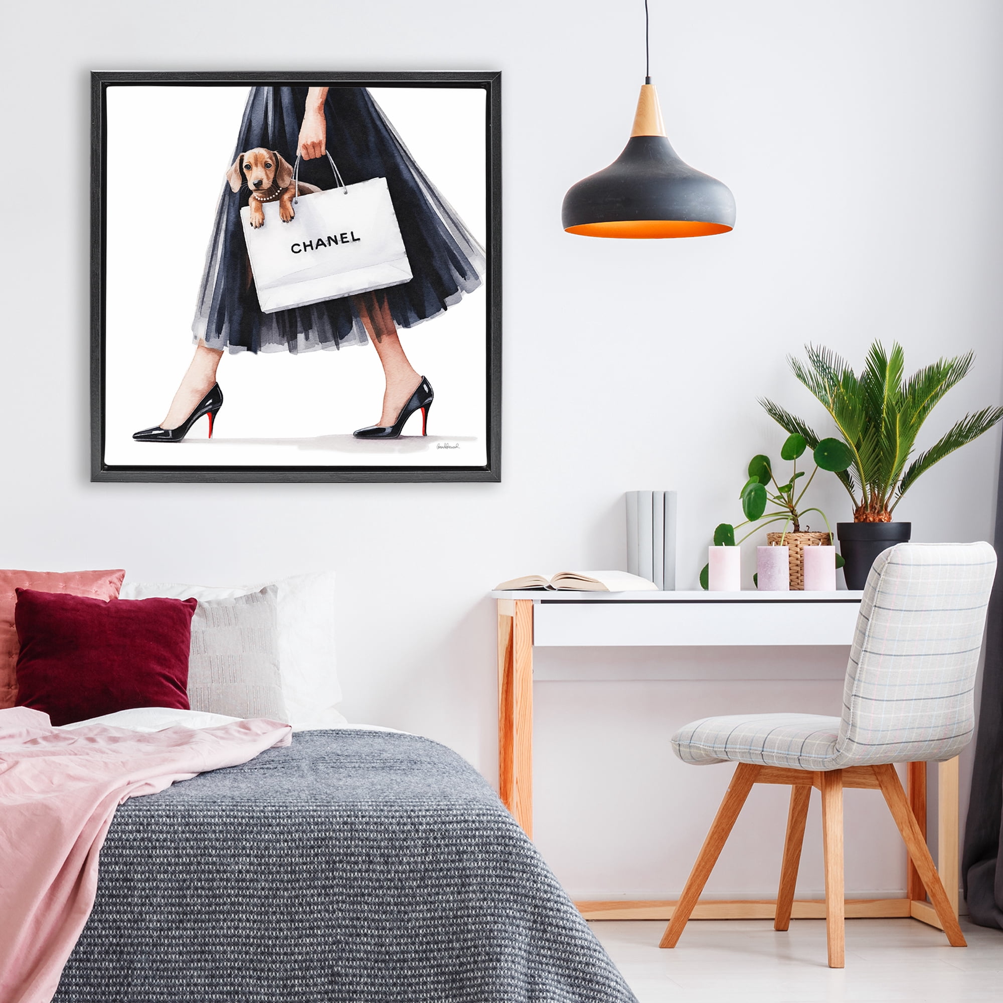 Stupell Industries Elegant Dog & Shopping Bag Black Framed Floater Canvas Wall Art, design by Amanda Greenwood