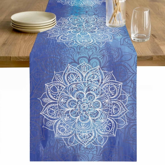 Boho Flowers Table Runner - 60 Inch Long Blue Floral Bohemian Vintage Country Cotton and Linen Blended Dress Scarves Farmhouse Table Runner for Kitchen Dining, Coffee Table, 13" x 60"