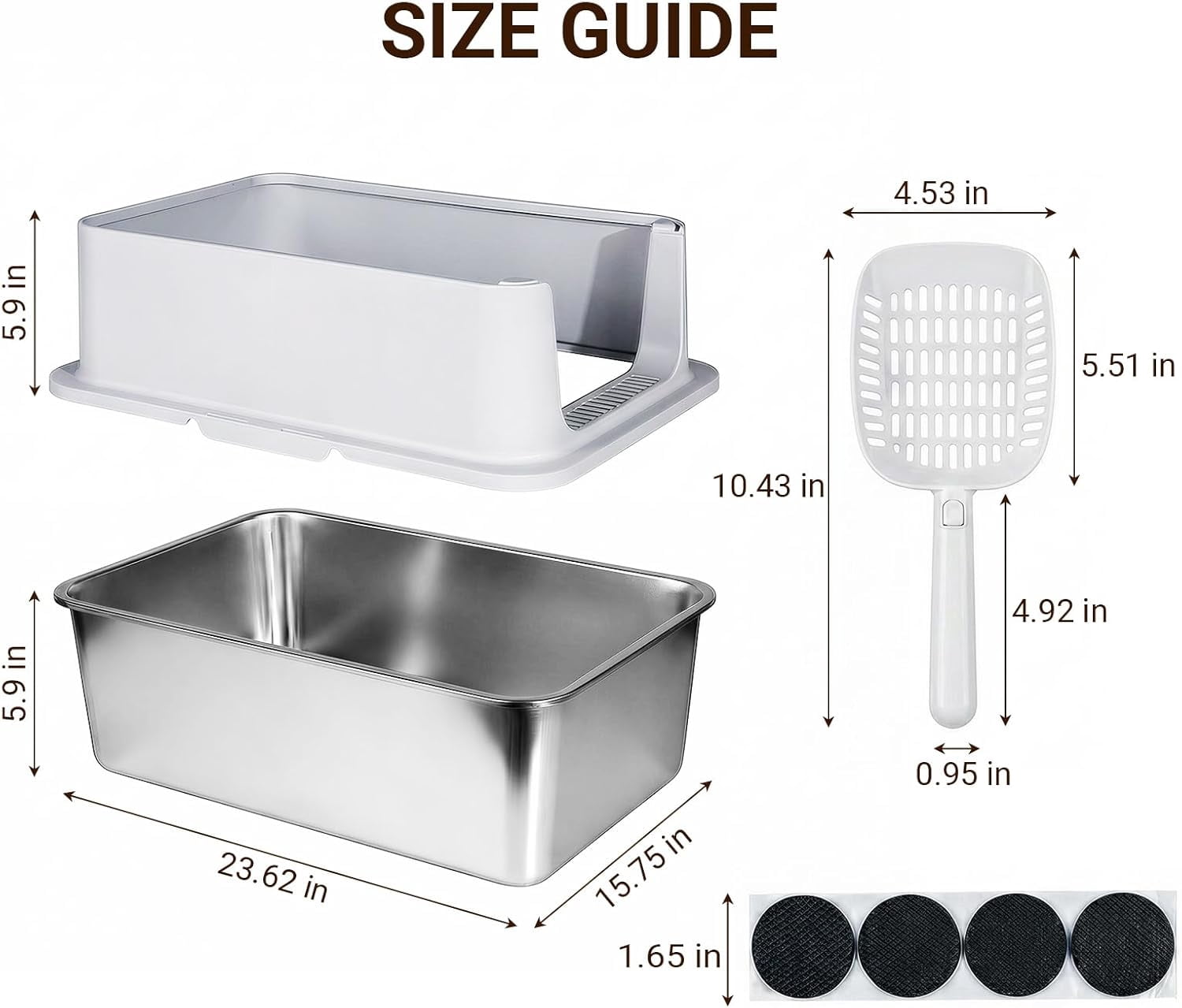 High Sided Stainless Steel Cat Litter Box, XL Extra Large Metal Litter Box for Big Cats, Non-Stick & Anti-Odor, Anti-Urine Leakage, Easy to Clean, Includes Scoop