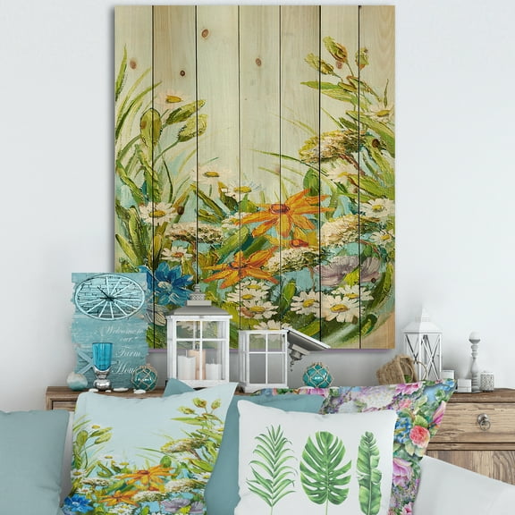 Designart 'Still Life Of Colorful Wildflowers With Leaves II' Traditional Print on Natural Pine Wood