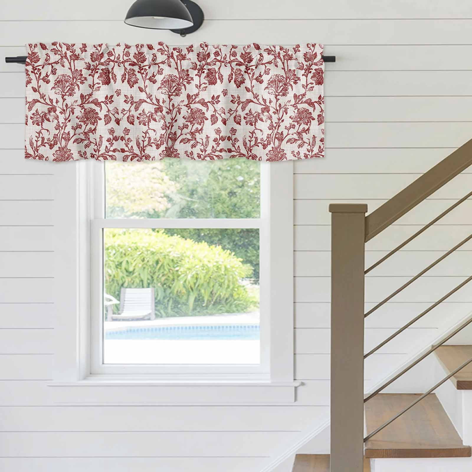 Curtain Valance for Windows, Vintage Rustic Red Flower on Linen Kitchen Valances Rod Pocket Short Curtains, Farm Floral Plant Pattern Window Valance for Bedroom Bathroom Living room 60x18in