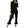 thumbnail image 3 of Douhoow 2Pcs Women Solid Color Outfits Furry Long Sleeve Tailored Collar Blazer Straight Leg Pants, 3 of 9