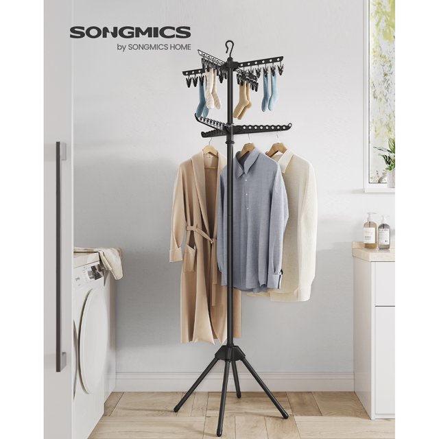 SONGMICS 2-Tier Clothes Drying Rack, 72-Inch Folding Laundry Drying Rack with 3 Rotatable Arms for Hangers, 24 Clips, Stainless Steel, for 27 Pieces of Clothes, Black