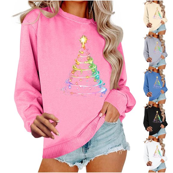 Feancey Women's Xmas Sweatshirts Holiday Novelty Christmas Tree Graphic Sweatshirt Fleece Lined Long Sleeve Shirt Loose Fit Crewneck Pullover Tops Khaki S