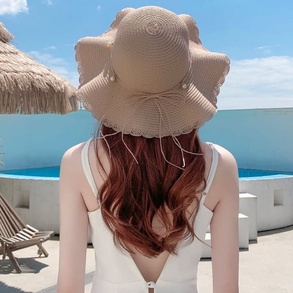 SikaFu Grass Hat Girl Fresh Japanese Versatile Pearl Tied Bow Hat Children's Summer Outage Big Eaf Beach Sun Hat