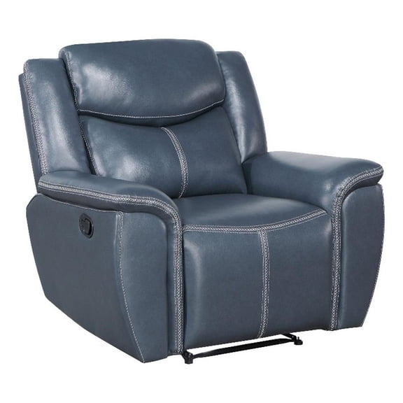 Eleni Manual Recliner Chair- Blue Faux Leather- Cushions- Stitching Detail