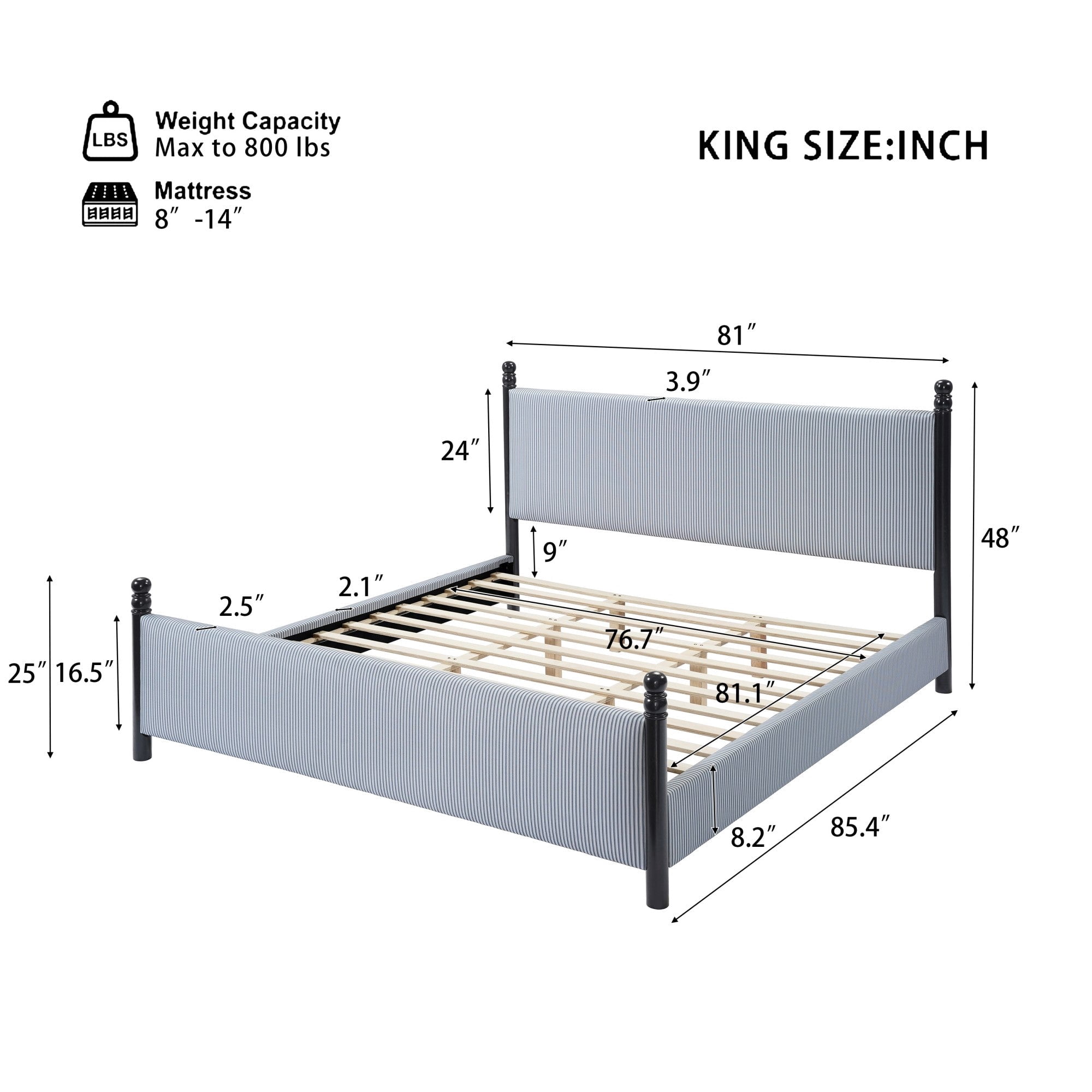 Sailvan King 48" High Headboard Upholstered Bed Frame,Striped Rubberwood Platform Bed with Solid Wood Legs,Mid-Century Modern Style,800lb Cap