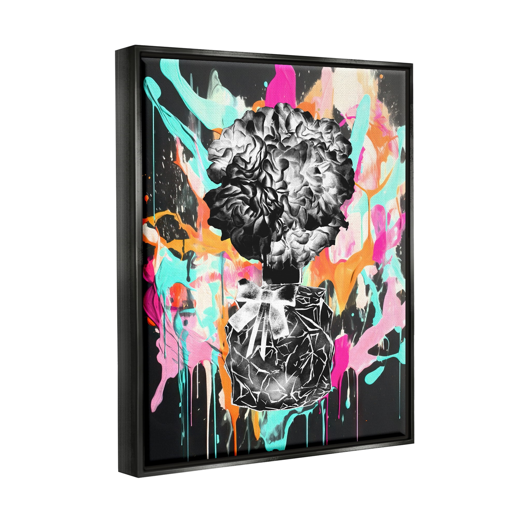 Stupell Industries Urban Flowers Graffiti Abstract Painting Black Floater Framed Art Print Wall Art, 25 x 31
