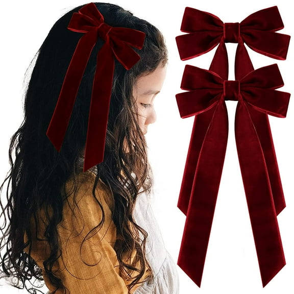 2PCS Velvet Hair Bows Red Hair Ribbon Clips Big Fall Alligator Clips Hair Accessories for Women Girls