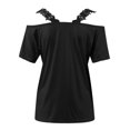 thumbnail image 5 of MIXUE Womens Tops Summer Solid Color Floral Lace V Neck Sexy Off Shoulder Short Sleeve Casual Shirts For Women Tee Shirts Streetwear,Black,L, 5 of 6