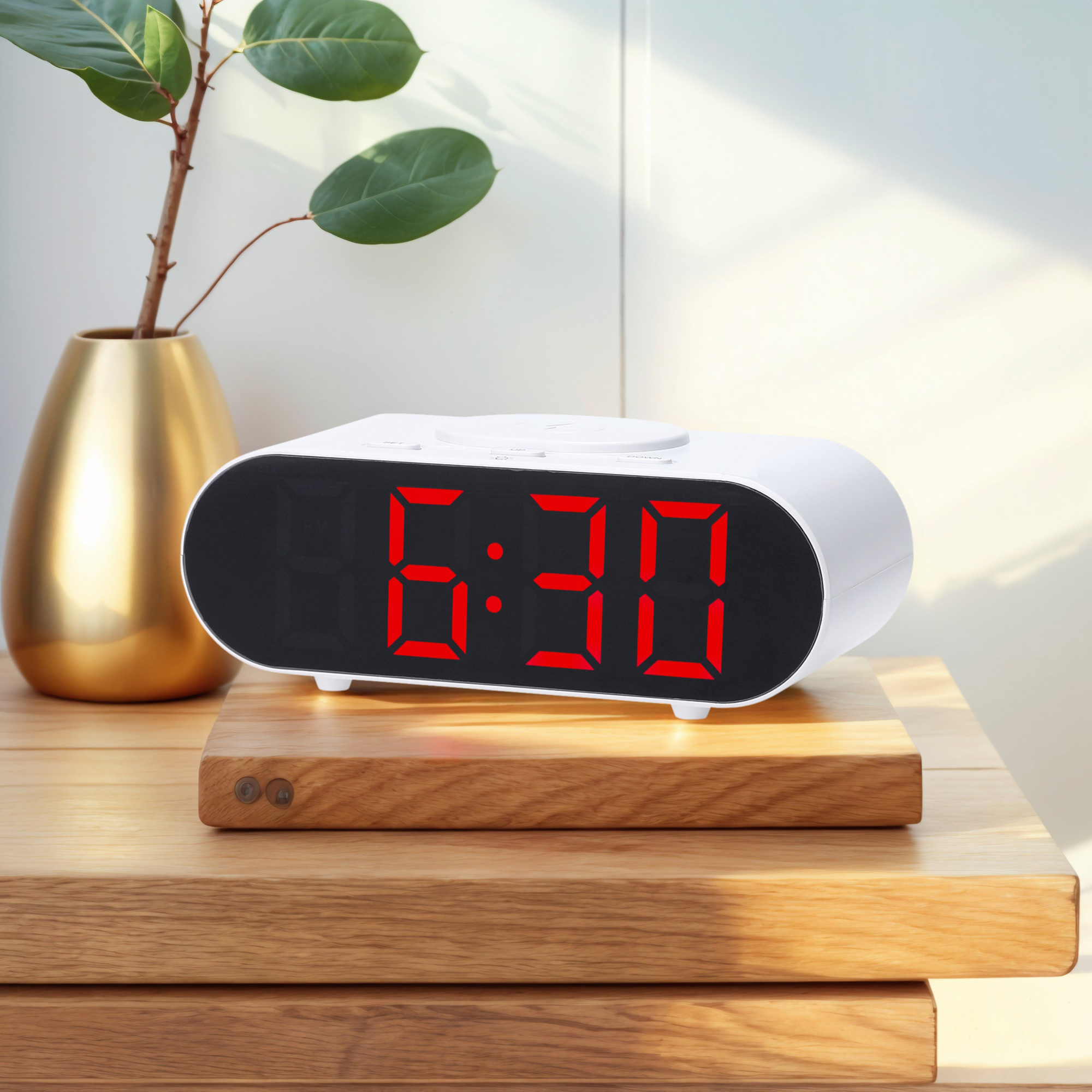 REGALWOVEN Oval Alarm Clock with Nightlight, Dimmable, 12/24H,USB Port, Wireless Charging, Decorate for Bedroom 7.1 x 3.1 x 2.4 inch Red