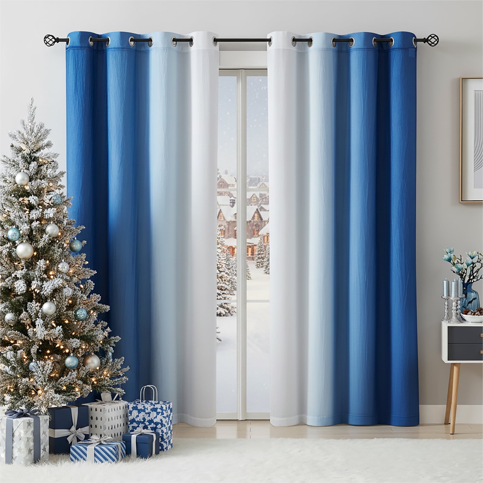 Junvictex White Blackout Curtains Double Layers Grommet Panels Blue Ombre Sheers 52"Wx95"L,4pcs