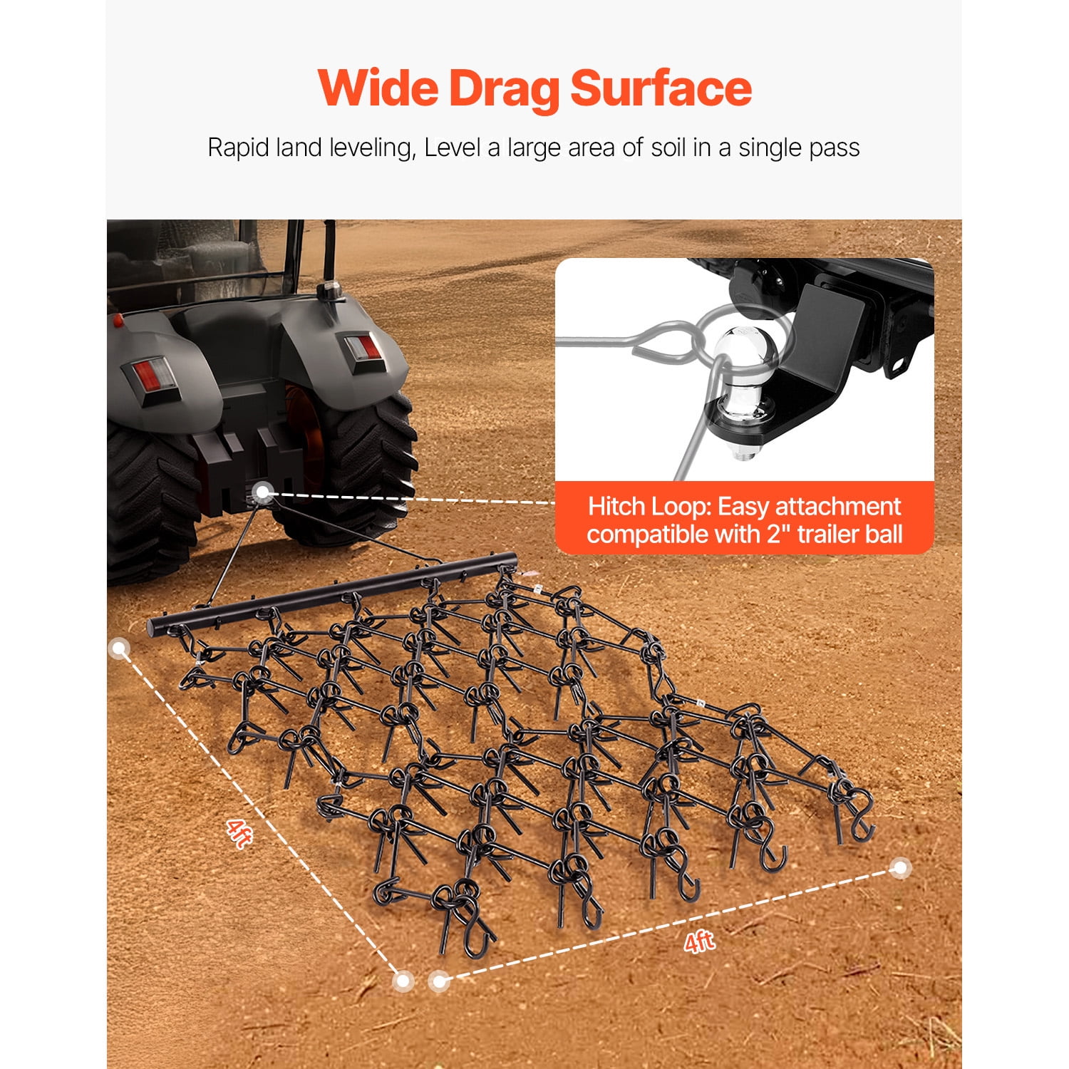 KFFKFF Chain Harrow, 4x4 ft, Robust Drag Harrow with 69 Pointed Teeth, Suitable for ATV UTV Tractor, Preparing Soil, Seeding, Leveling Terrain, and Maintaining Gravel Yard