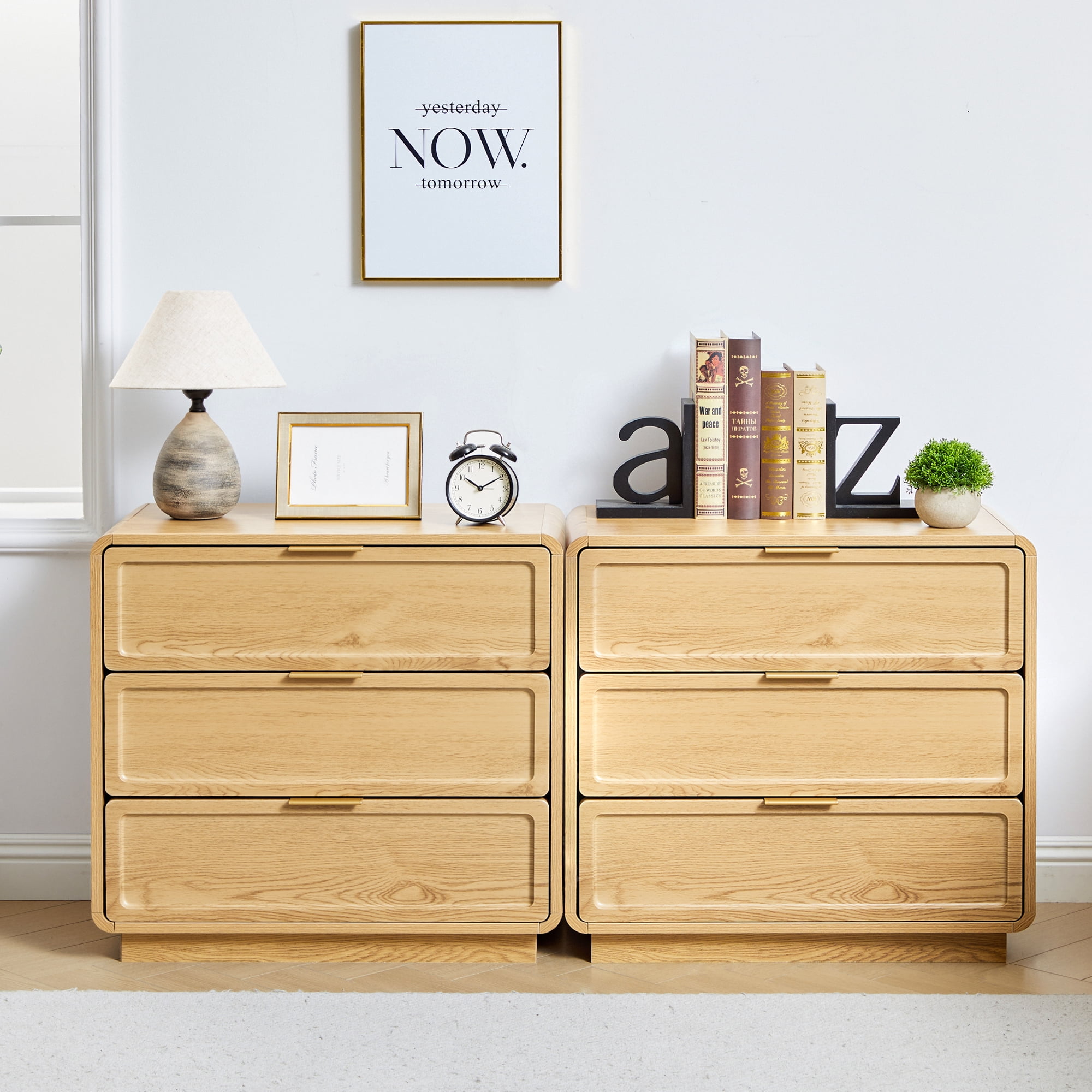 Set of 2 Mid-Century Modern 3-Drawer Dresser & Nightstand, Wood Storage Cabinet for Bedroom, Living Room or Entryway, Farmhouse Bedside Table, Oak