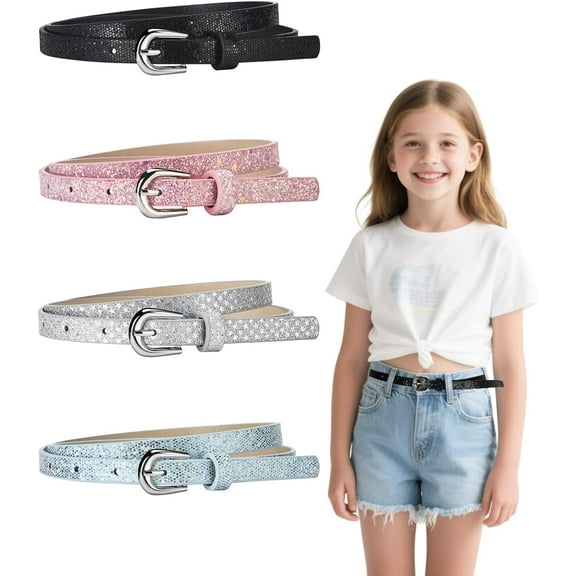 4-pack girls belts, children's glitter PU leather belts, fashionable shiny belts with metal buckles, suitable for dress pants and jeans, colorful children's belts.