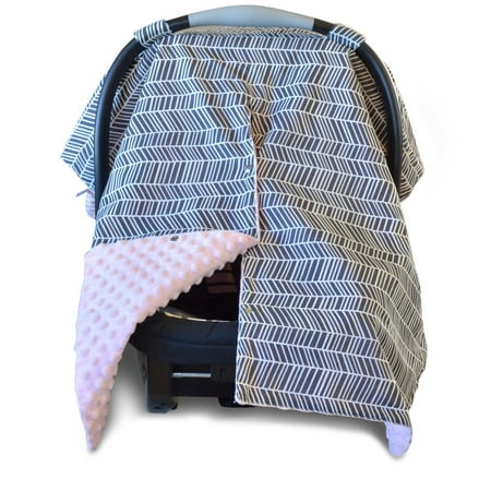 Kids N' Such 2 in 1 Car Seat Canopy Cover with Peekaboo Opening™ - Large Carseat Cover for Infant Carseats - Best for Baby Girls - Use as a Nursing Cover- Herringbone with Soft Pink Dot