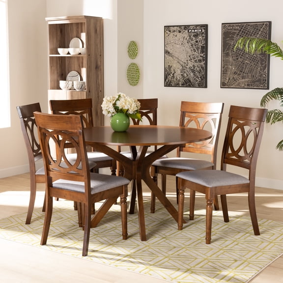 Baxton Studio Jessie Modern and Contemporary Grey Fabric Upholstered and Walnut Brown Finished Wood 7-Piece Dining Set