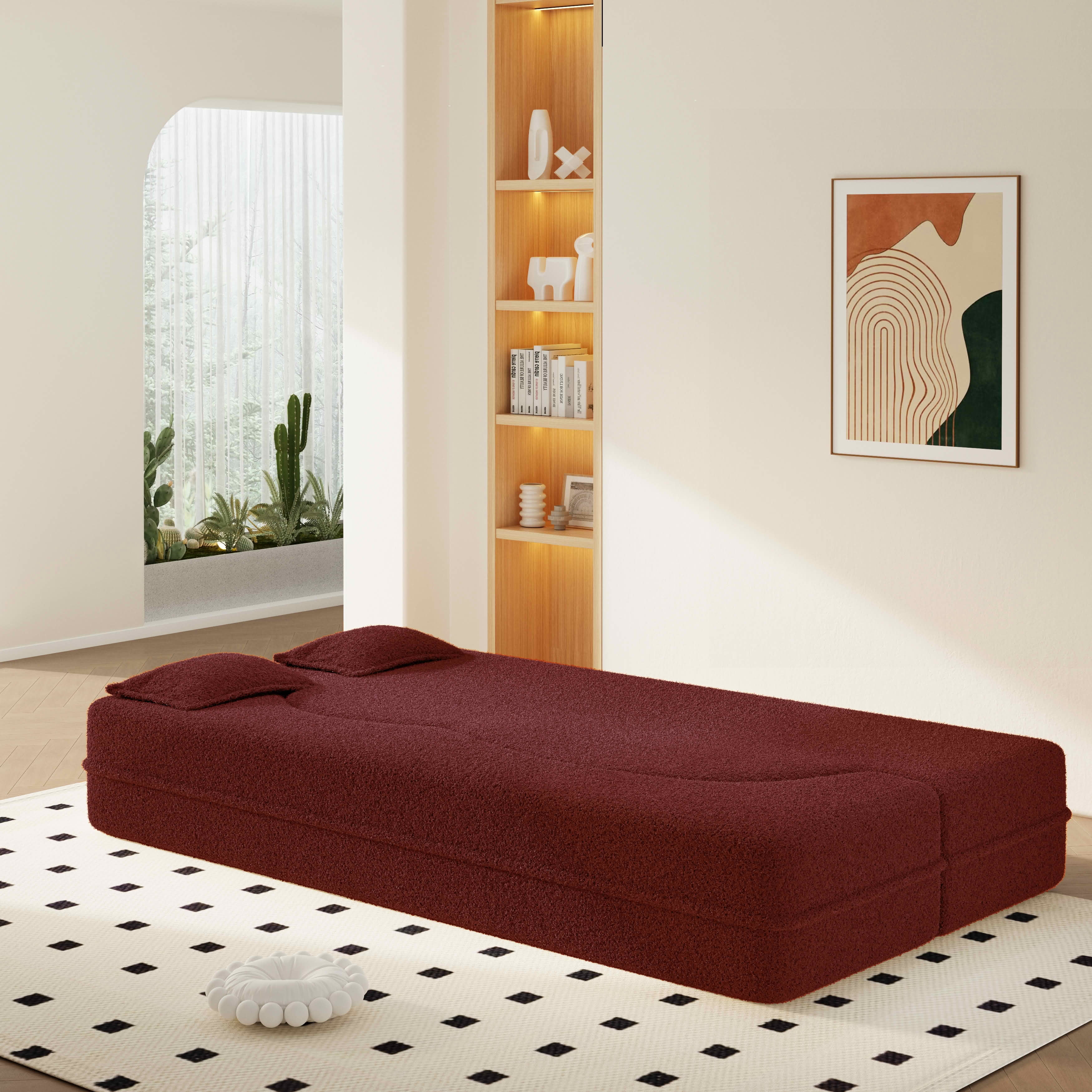 MAYEERTY Twin Corduroy Foldable Foam Floor Sofa Bed, Zero Assembly Vacuum Compressed Sleeper with 2 Pillows