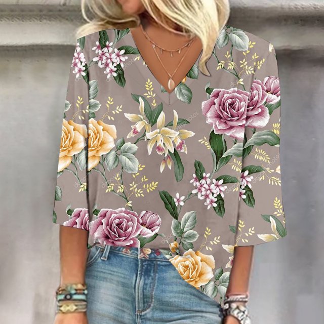 Fiudx Ofertas de La Semana Blusa de Manga 3/4 con Estampado de Moda para Mujer, Camiseta con Cuello En V, Tops Informales