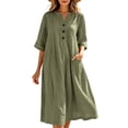thumbnail image 2 of ClodeEU Women's V Neck Half Button 3/4 Sleeve Linen Cotton Midi Dress with Pockets,Casual Loose Dress Army Green,Women's Plus L, 2 of 8