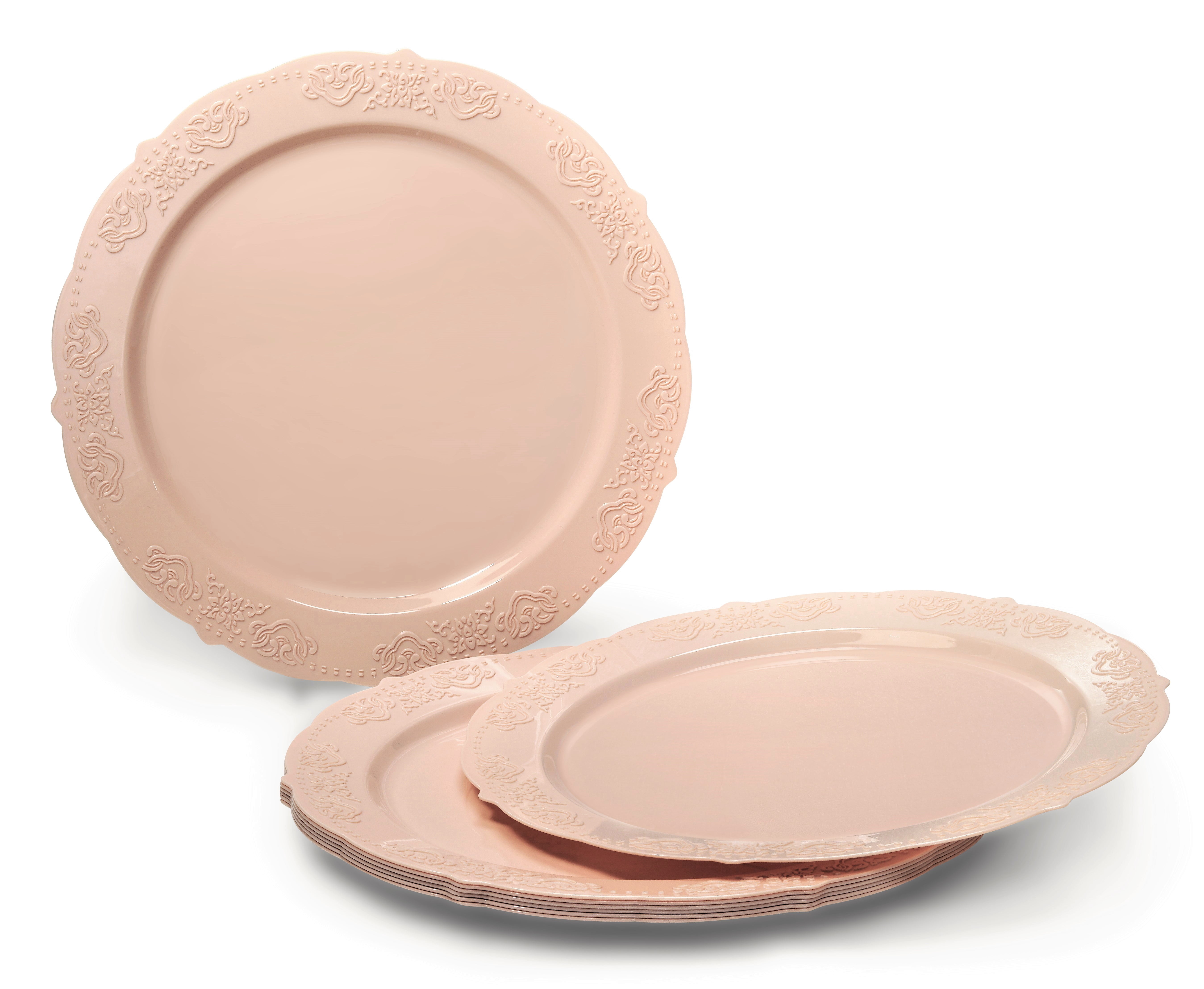 " OCCASIONS " 100 Plates Pack,(50 Guests) Vintage Wedding Party Disposable Plastic Plates Set -50x10.25'' Dinner + 50x7.5'' Salad/Dessert Plate (Portofino Blush / Antique Rose)