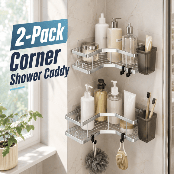MEYRKLOE 2 Pack Corner Shower Caddy, Adhesive Stainless Steel Bathroom Organizer Shelves with Hooks and Toothpaste Holder, No Drill, Bright Silver