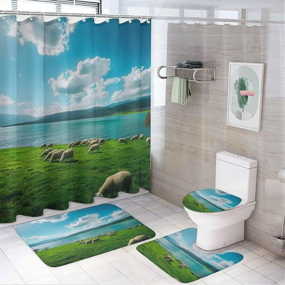 4Pcs Country Sheep Mountain Shower Curtain Sets Bathroom Decor, Lake Cloud Meadow Shower Curtain with Non Slip Rug, Toilet Lid Cover, Bath Mat and 12 Hooks 72W x 72L