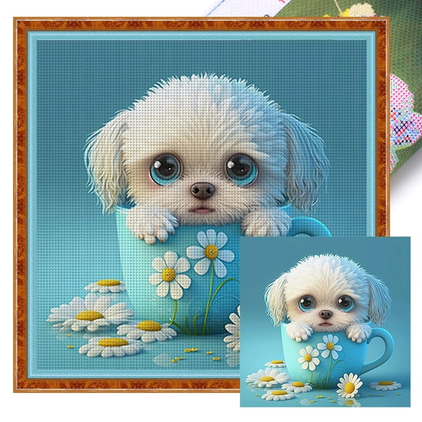 Hilo Algodón Ecológico Bordado Punto Cruz Con Perro Té 11CT 40x40cm