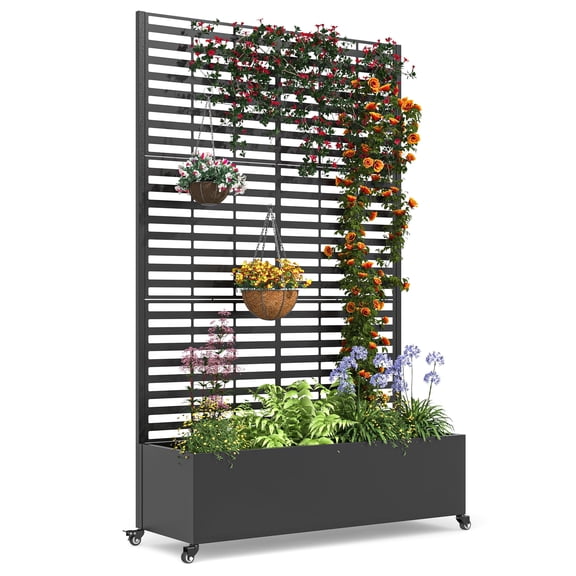 UPHYB Metal Planter Box with Trellis, 73"x 47"x 16" Raised Garden Bed with Wheels and Drainage Holes, Planter with Trellis for Garden, Balcony and Patio, Black