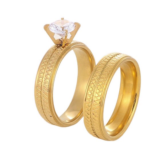 His and Hers Matching Stainless Steel Diamond Argyle Pattern Couple Rings, Gold, Fashion and Simplicity, Electroplated and Mosaic