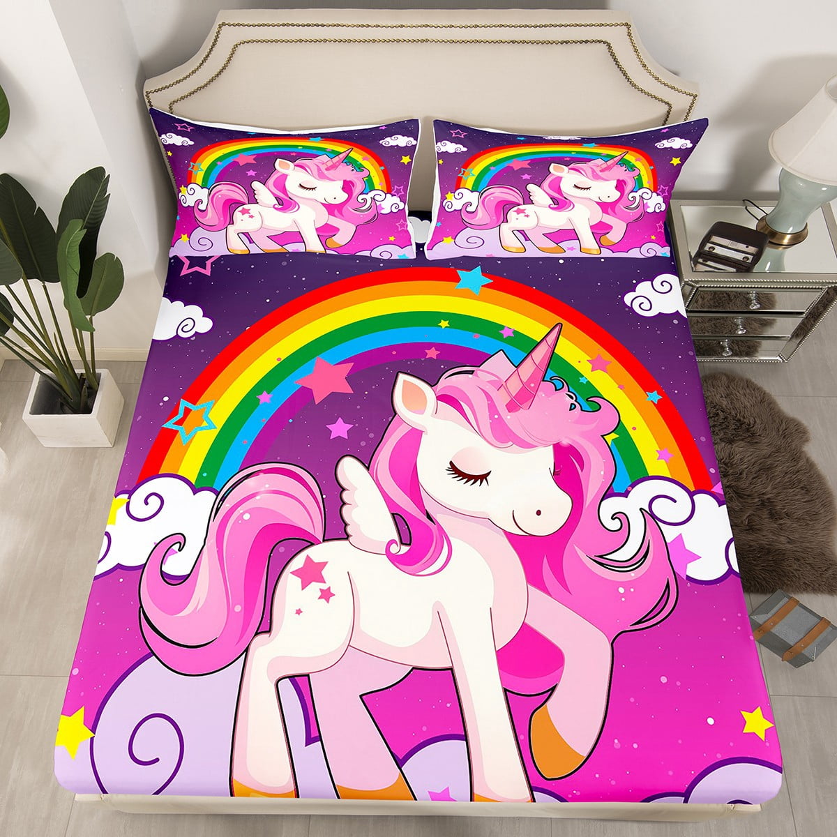 Erosebridal Unicorn Queen Sheet Set – 4 Piece Kids Bedding, Rainbow Colorful With Deep Pockets