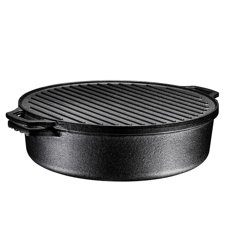 Bruntmor 3-in-1 Pre-Seasoned Cast Iron Round Deep Roasting Pan with Reversible Grill Griddle Lid, Non-Stick Open Fire Camping Kitchen Coo