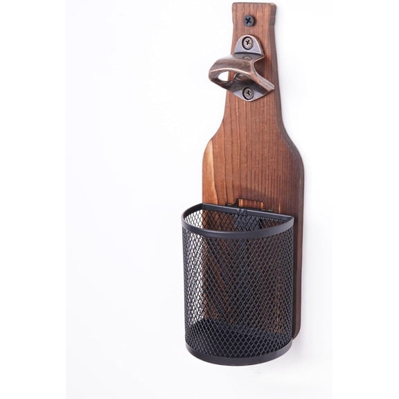 Wall Mounted Wooden Beer Bottle Opener with Magnetic Cap Catcher
