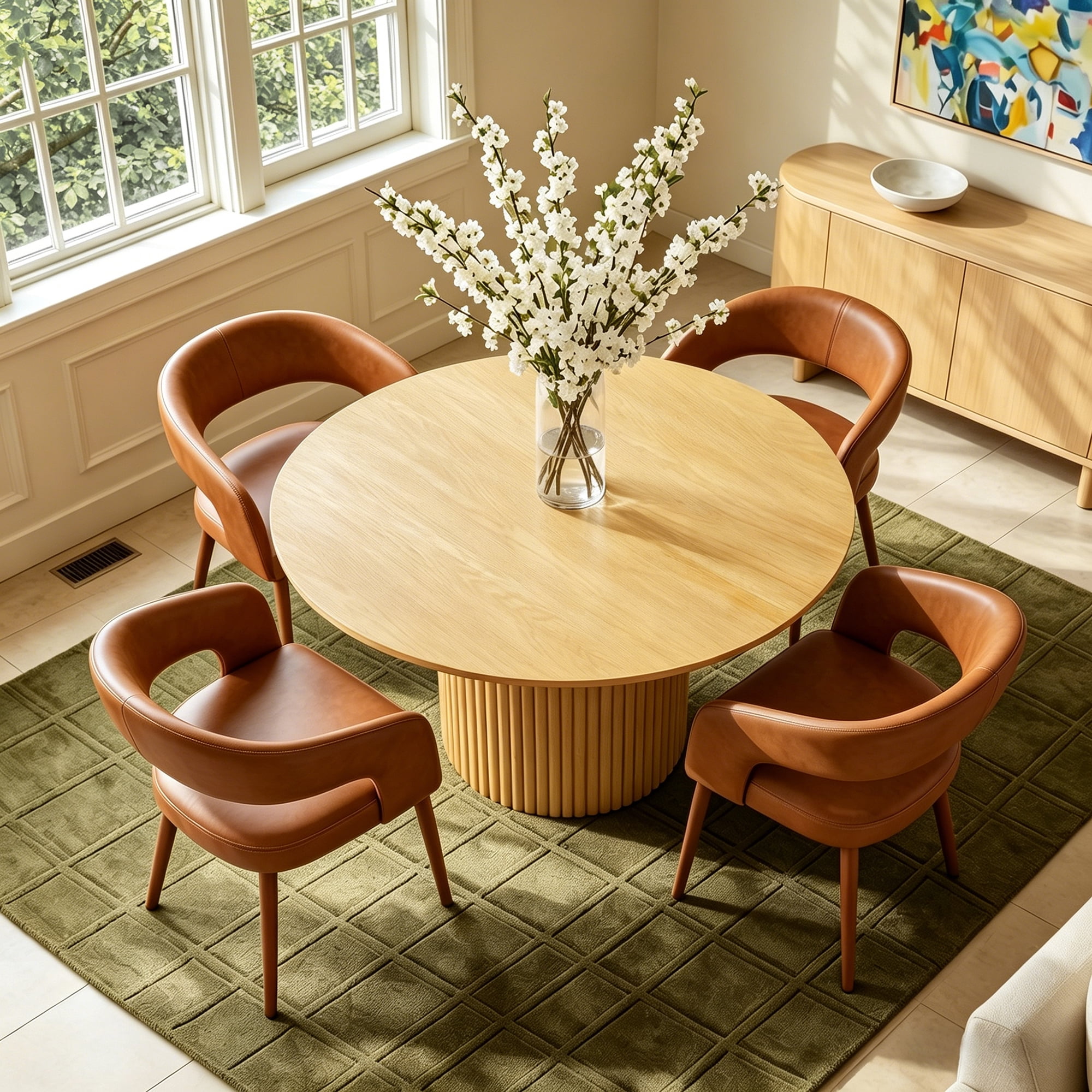 Morden Fort Dining Table Set for 4, 47" Round Kitchen Table and Leather Upholstered Chairs of 4, Fluted Wood Table Set with Pedestal Base for Apartment, Dining Room