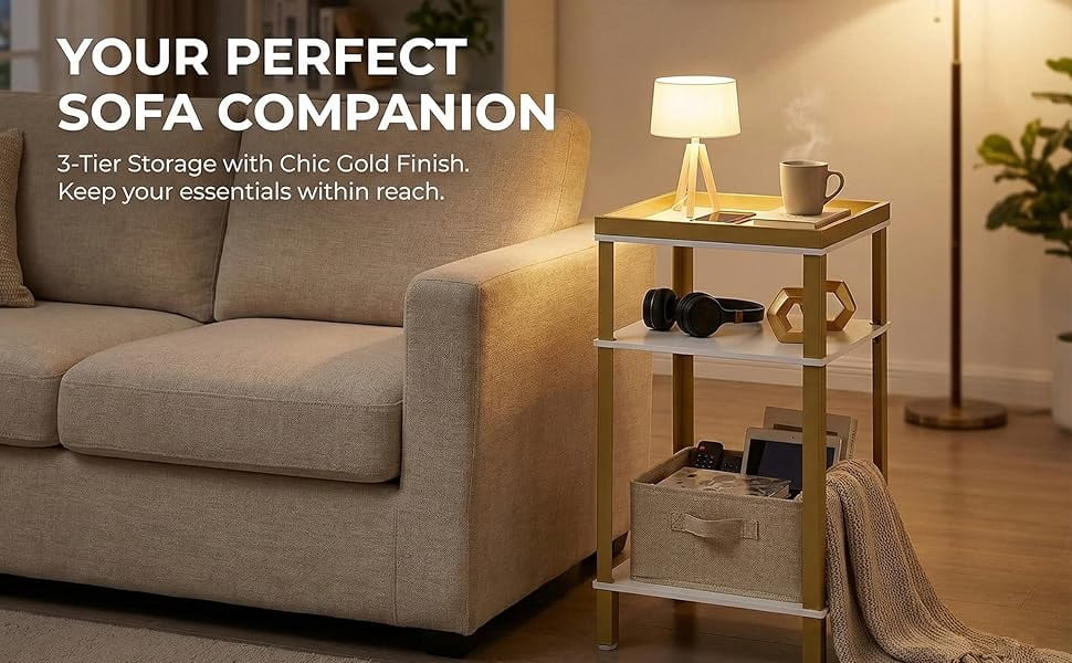 ZEXVIDA Side Table for Small Spaces, 3 Tier End Table with Metal Tabletop Tray Storage Shelf, Small Narrow Thin End Table Bedside Table,Nightstand for Hallway,Living Room,Bedroom (White & Gold)
