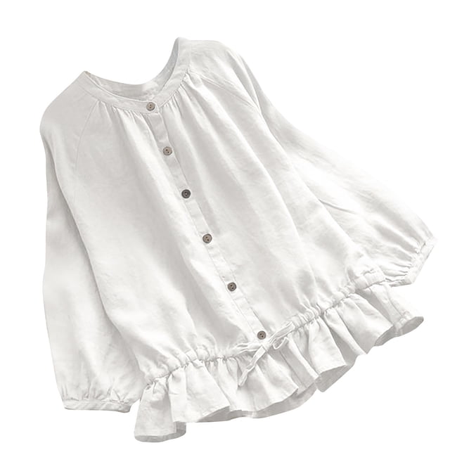 Blusa de manga larga de color sólido a la moda para mujer, blusas informales con volantes y cuello redondo Fridja bvmnju298