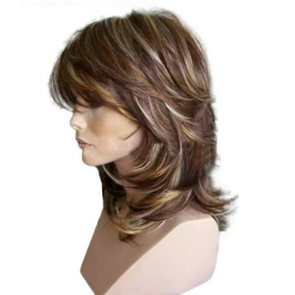 Egmy Medium Side Bang Highlighted Layered Slightly Curled Synthetic Wig
