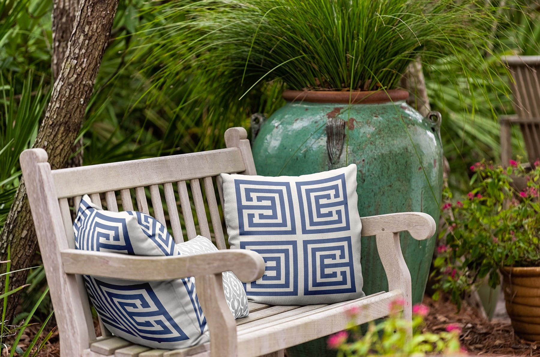 18"x18" Simply Daisy Greek Key Poly Indoor/Outdoor Pillow, Blue Qty 1