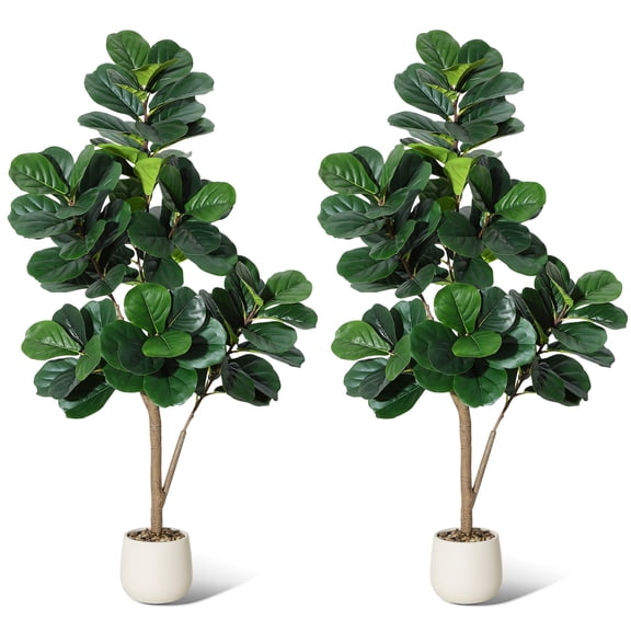 2PCS 5FT Artificial Fiddle Leaf Fig Tree, Realistic Faux Plant with White Planter, Indoor Floor Greenery for Home Office Decor | Faux Tree
