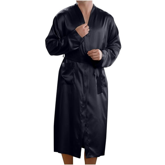 Jusqu'à 60% de Rabais sur le Cadeau TIMIFIS Robe en Satin pour Hommes Robe en Soie Classique Longue Peignoir Léger Peignoir de Bain V Nuque Vêtements de Nuit avec Poches - Printemps/été