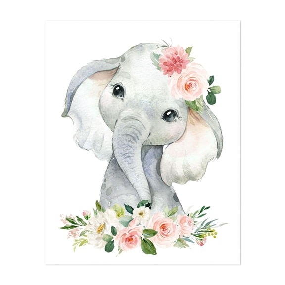 Elephant, Jungle Animals, Safari Animals, Pink Flowers, Girl Nursery - Illustration Watercolor Animal Floral Whimsical Unframed Wall Art Print 6 x 8 inches