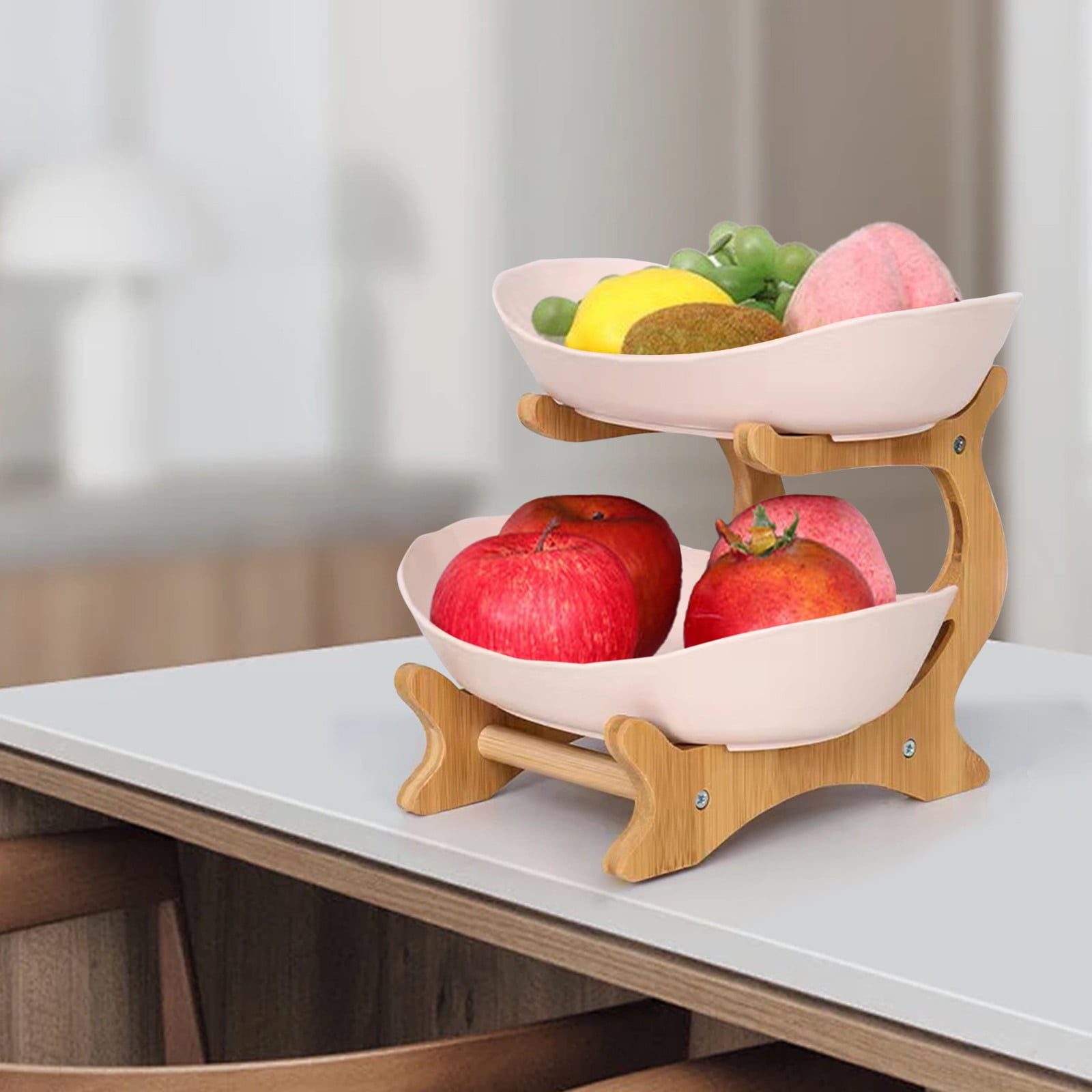 Tiitstoy Fruit Basket for Kitchen Counter, with Wood Holder, 3/2/1 Tiered Large Capacity Fruit Basket Oval Tiered Fruit Bowl Set for Kitchen Counter, Parties, Gatherings, Restaurant, Family Events