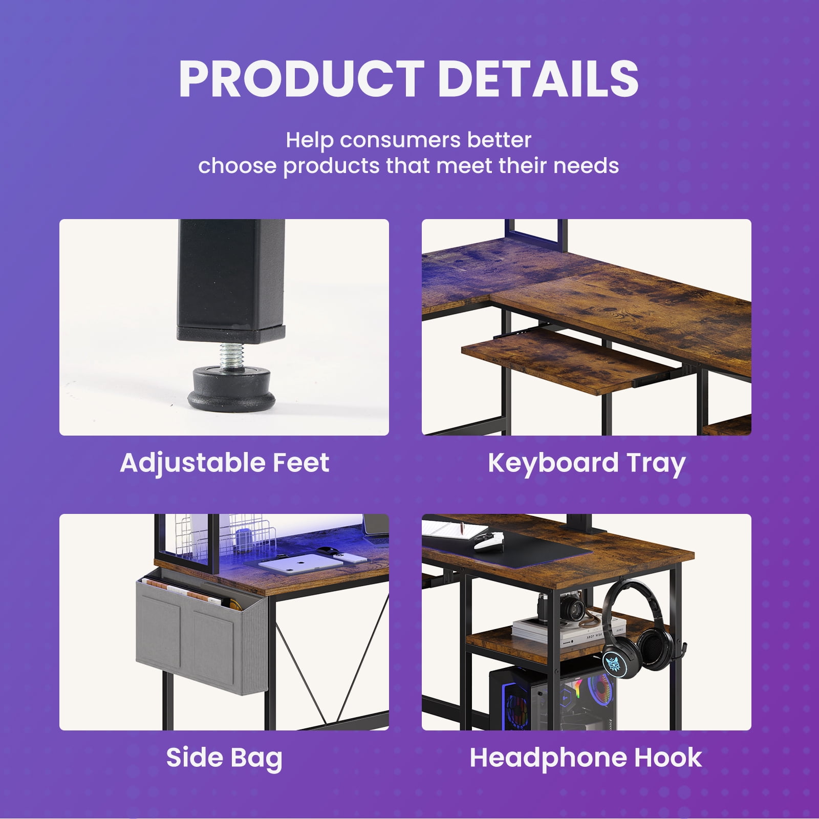 CONCETTA 67" Modern L-Shaped Gaming Desk with LED Lights and Power Outlets, Computer Desk with Drawer, Keyboard Tray for Monitors, Black
