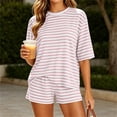 thumbnail image 5 of Guieoi Summer Two-Piece Outfit Casual Striped Color-Blocked Round-Neck Short-Sleeve Top and Shorts Summer Set, 5 of 8