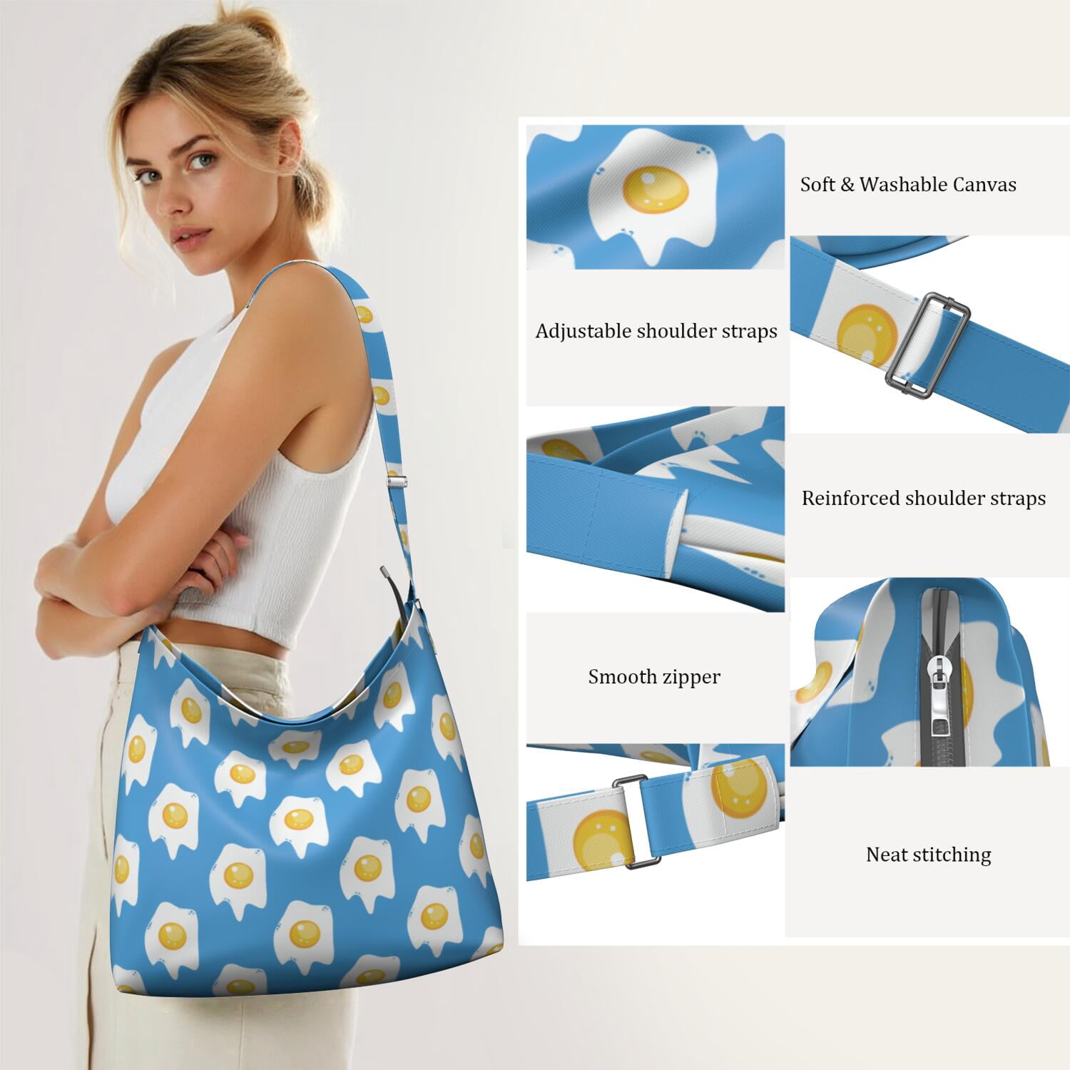 Fried Egg Print Crossbody Shoulder Bag - Lightweight Adjustable Spacious Multi-Pocket Casual Sling Tote for Women, Large Capacity Minimalist Travel & Work Purse