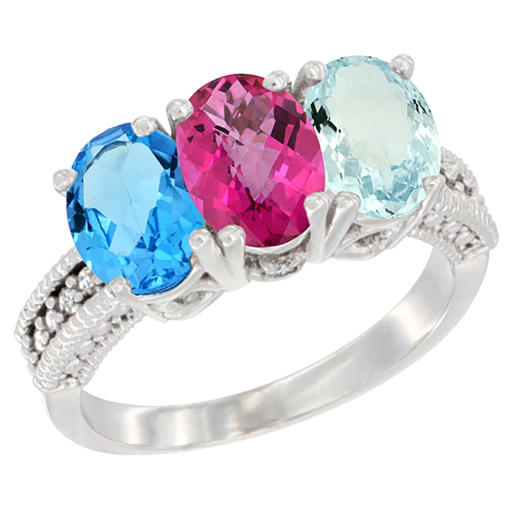 14K White Gold Natural Swiss Blue Topaz, Pink Topaz & Aquamarine Ring 3-Stone 7x5 mm Oval Diamond Accent, sizes 5 10 by WorldJewels