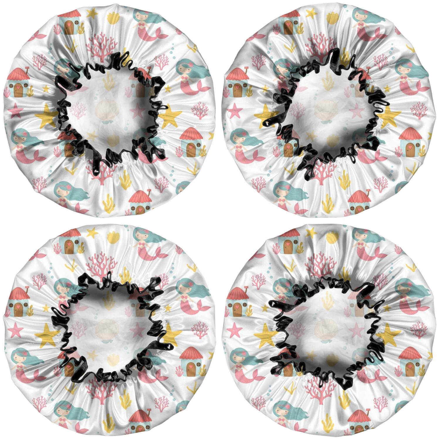 Shower Caps,White Mermaid Pattern Waterproof Shower Cap for Women 4 Pieces,Double Reusable Hair Cover for Shower PEVA Elastic Stretch Hem