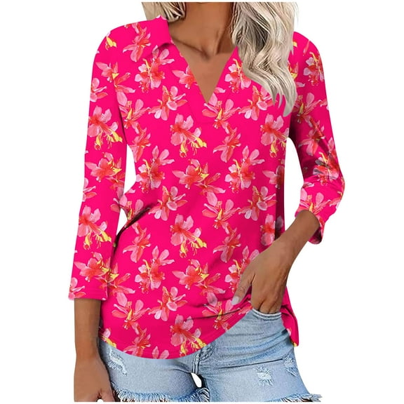CYMMPU 3/4 Sleeve Blouses for Women Dressy Casual Tunic Tops V Neck Flower Pattern Loose Fit Fall Fashion Shirts Spring Tops Business Elegant Work Topss XXL