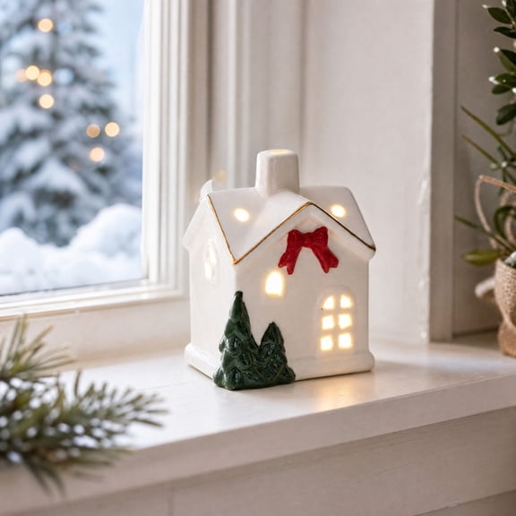 Ceramic Christmas Village, Lighted Ceramic Houses, White Farmhouse Christmas Decor Indoor for Mantel Tabletop, Porcelain Holiday Display(A)
